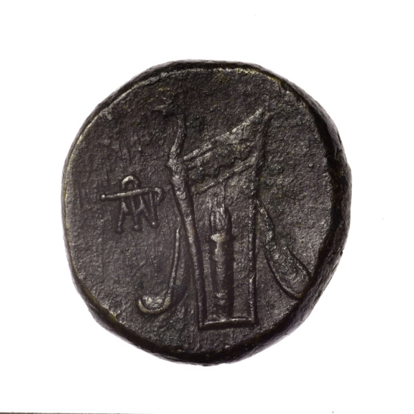 bronze coin, Pantikapaion; obv.: head of young Dionysus in an ivy wreath facing right; reverse: bow