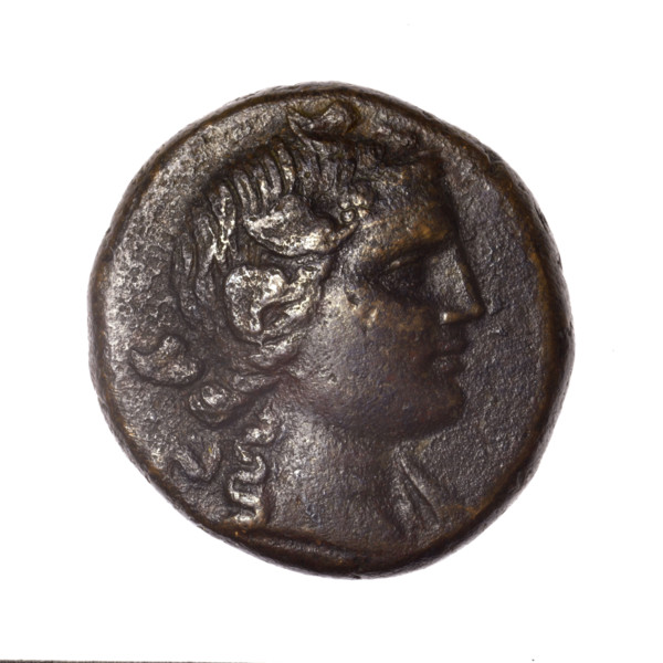 Bronze coin from Pantikapaion; obverse: head of young Dionysus in ivy wreath facing right; reverse: