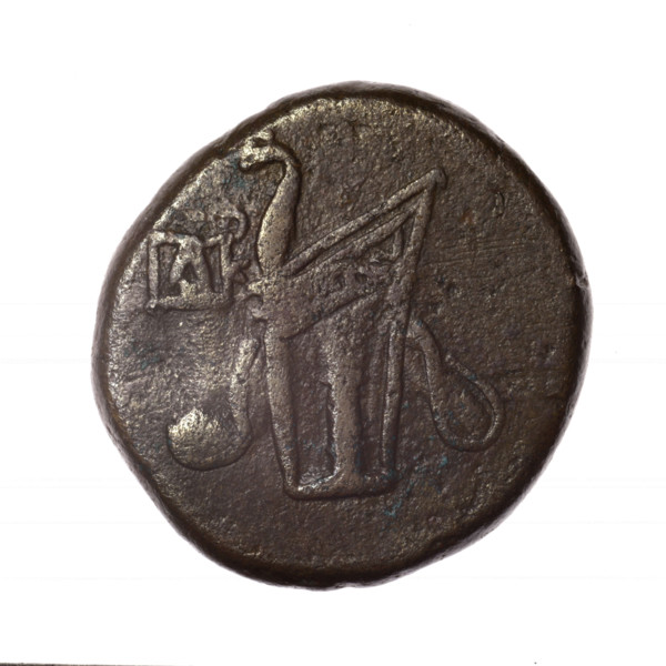 bronze coin, Pantikapaion; obv.: head of young Dionysus in an ivy wreath facing right; reverse: bow