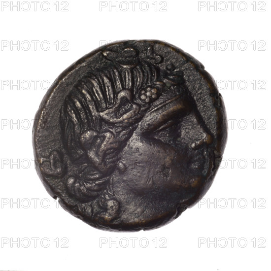 bronze coin, Pantikapaion; obverse: head of young Dionysus in an ivy wreath facing right; reverse: