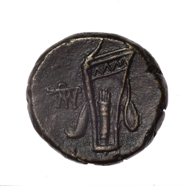 bronze coin, Pantikapaion; obverse: head of young Dionysus in an ivy wreath facing right; reverse: