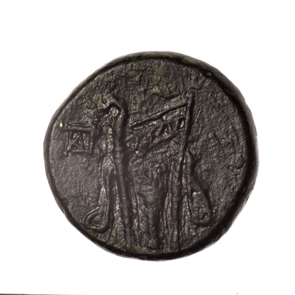 bronze coin, Pantikapaion; obverse: head of young Dionysus in an ivy wreath facing right; reverse: