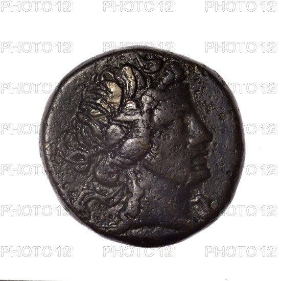 bronze coin, Pantikapaion; obverse: head of young Dionysus in an ivy wreath facing right; reverse: