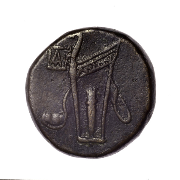 bronze coin, Pantikapaion; obv.: head of young Dionysus in an ivy wreath facing right; reverse: bow