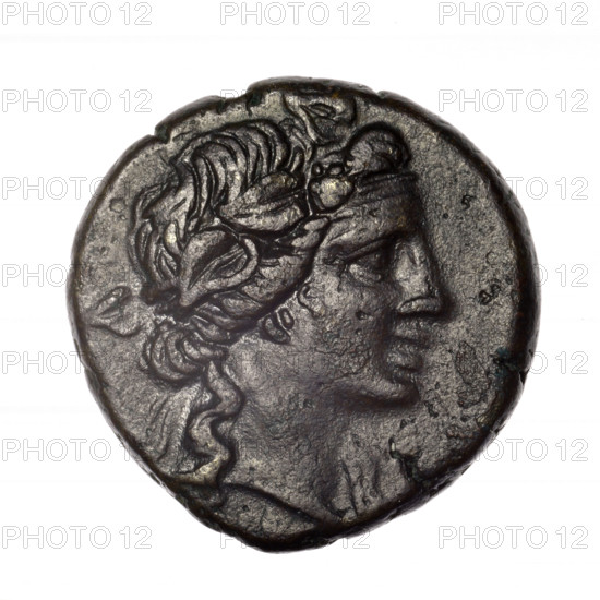 Bronze coin, Pantikapaion. Obverse: head of young Dionysus in an ivy wreath facing right. Reverse: