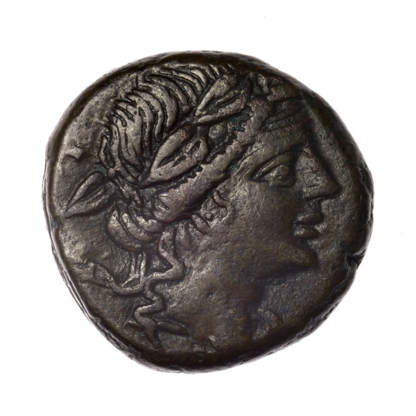 Bronze coin, Pantikapaion; obverse: head of young Dionysus in an ivy wreath facing right; reverse: