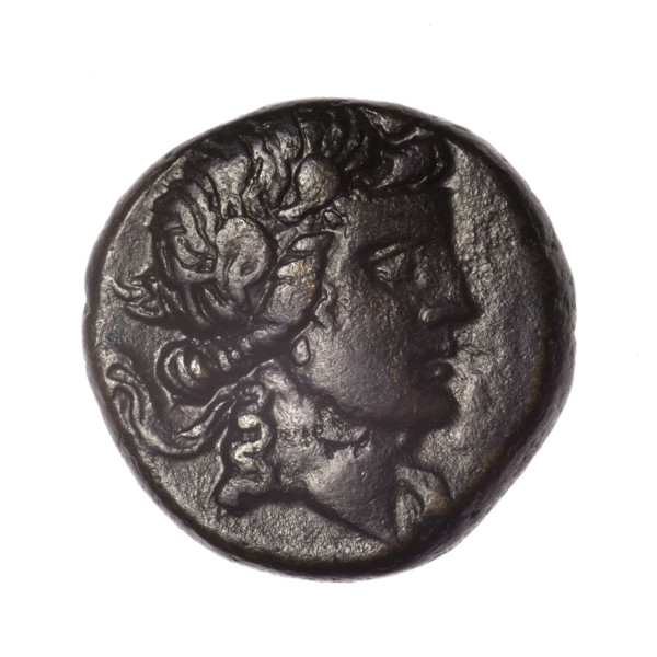 bronze coin, Pantikapaion; obv.: head of young Dionysus in an ivy wreath facing right; rv.: bow and