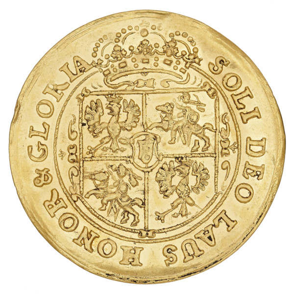Crown Double Ducat, Jan III Sobieski (King of Poland; 1674–1696), struck in Bydgoszcz. Obverse: