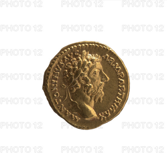 Aureus of Marcus Aurelius (121–180; Roman emperor 161–180). Obverse: Head of Marcus Aurelius with