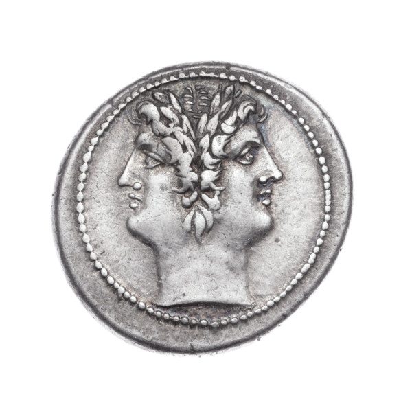 Didrachma (quadrigate). Obverse: Heads of the Dioscuri of the Janus type in laurel wreaths; beaded