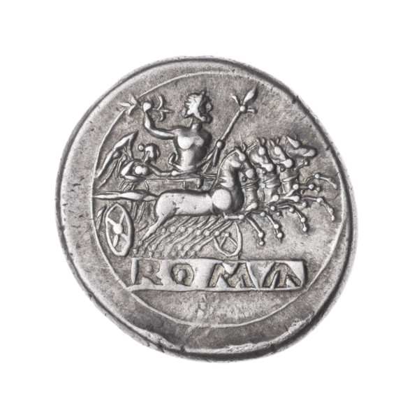 Didrachma (quadrigate). Obverse: Heads of the Dioscuri of the Janus type in laurel wreaths. Beaded