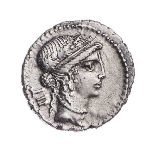 Denarius, Julius Caesar (100–44 BC; Roman dictator 49–44 BC). Obverse: Woman's head in an oak