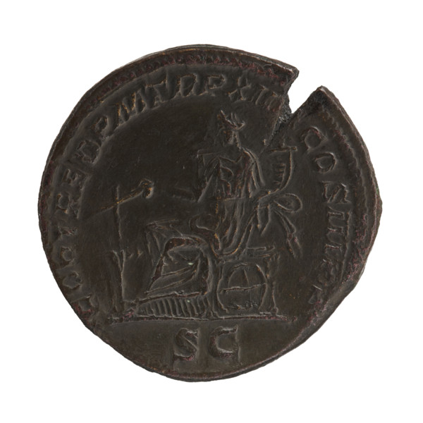 Sestertius of Caracalla (reigned 198–217; emperor 188–217). Obverse: head of the emperor in a