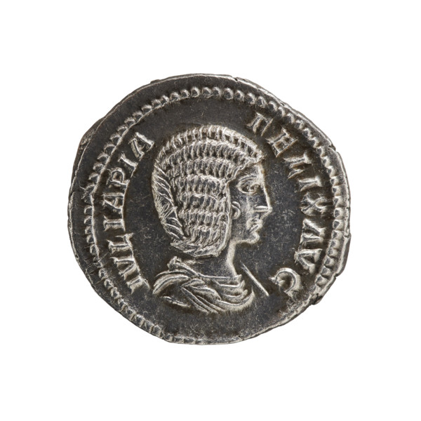 Denarius of Caracalla (188–217 CE). Obverse: bust of Julia Domna (ca. 160–217) right, draped, hair