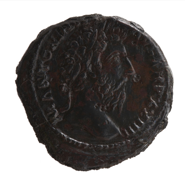 Sestertius, Marcus Aurelius (121–180; Roman emperor 161–180), issuer. Obverse: Head of the emperor