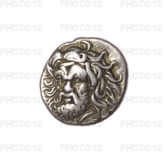 Tetrobol, Pantikapaion; obverse: head of bearded Satyr 3/4 left; reverse: bull's head left, around