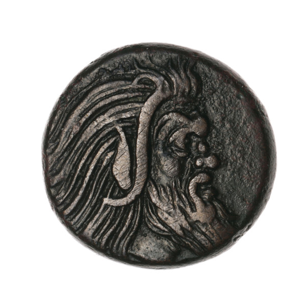 Bronze coin, Pantikapaion; obverse: head of a bearded Satyr without a wreath facing right; reverse: