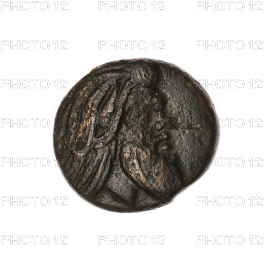 bronze coin, Pantikapaion; obv.: head of a bearded Satyr without a wreath to the right; rev.: