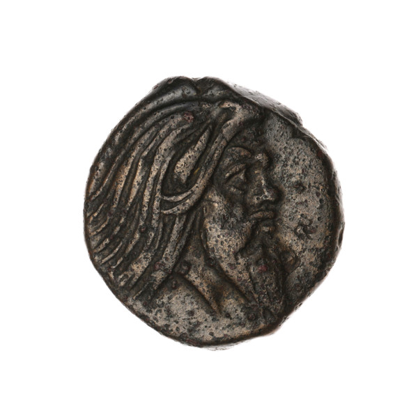 bronze coin, Pantikapaion; protoma of a griffin (iconographic); head of a Satyr (iconographic);