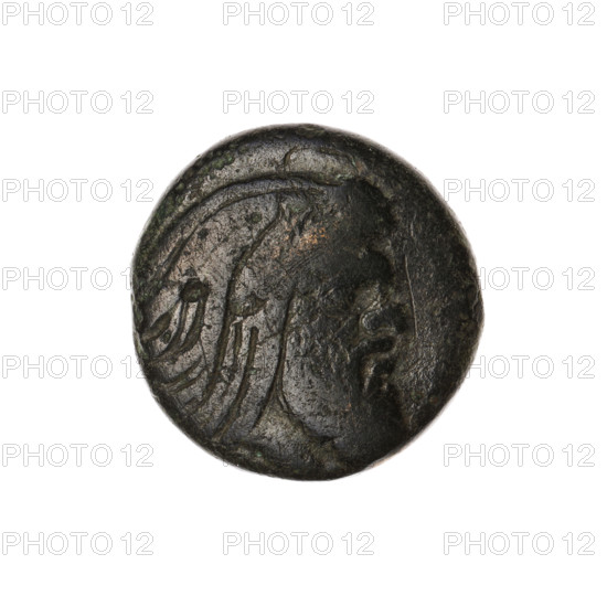 bronze coin, Pantikapaion; protoma of a griffin (iconographic); head of a Satyr (iconographic);
