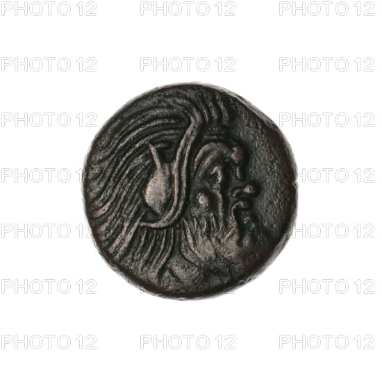 bronze coin, Pantikapaion; obv.: head of a bearded Satyr without a wreath to the right; rev.: