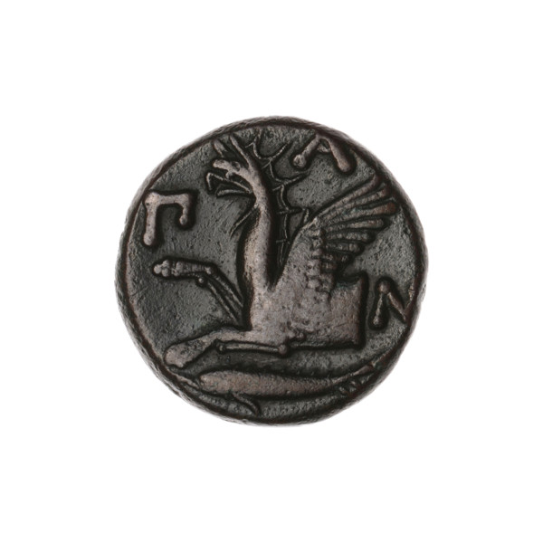 Bronze coin, Pantikapaion; obv.: head of a bearded Satyr without a wreath to the right; rev.: