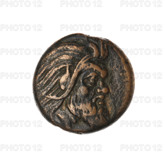 bronze coin, Pantikapaion; obverse: head of a bearded Satyr without a wreath facing right; reverse: