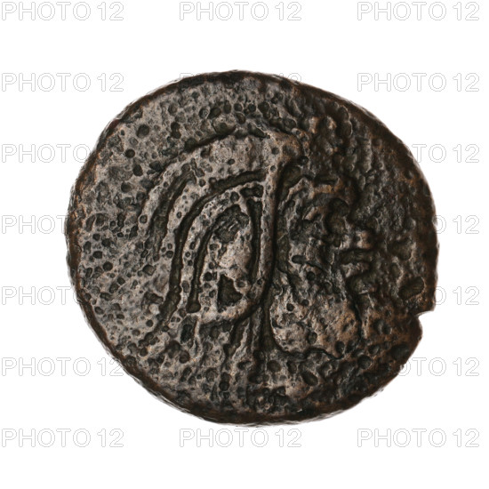 Bronze coin, Pantikapaion; protoma of a griffin (iconographic); head of a Satyr (iconographic);