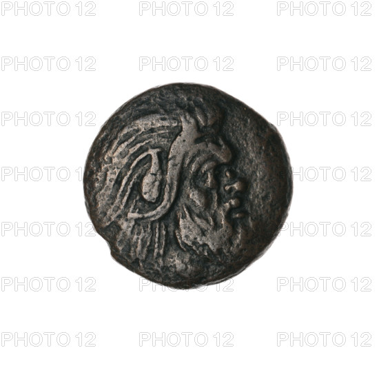 Bronze coin, Pantikapaion; obverse: head of bearded Satyr without wreath facing right; reverse: