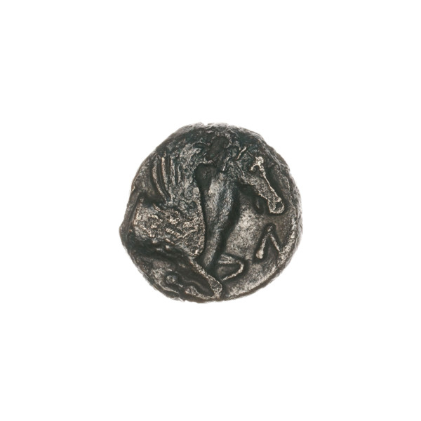 Bronze coin, Pantikapaion; obverse: head of beardless satyr facing right; reverse: protoma of