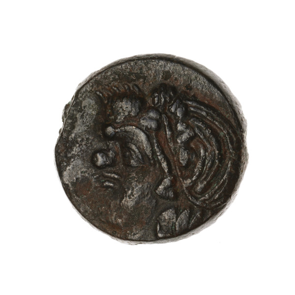 Bronze coin, Pantikapaion; obverse: head of a beardless satyr in an ivy wreath facing left;