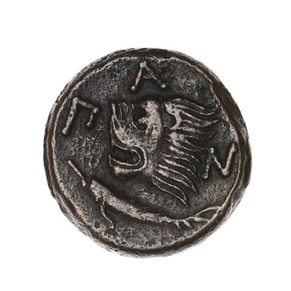 bronze coin, Pantikapaion; Satyr's head (iconographic), lion's head (iconographic); Black Sea