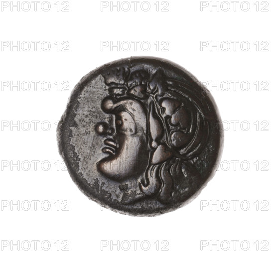 bronze coin, Pantikapaion; obverse: head of a beardless Satyr in an ivy wreath to the left;