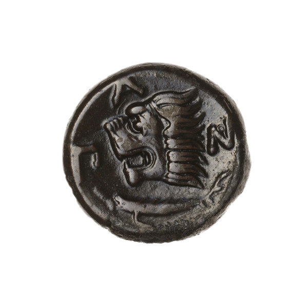 Bronze coin, Pantikapaion; obverse: head of a beardless satyr in an ivy wreath facing left;