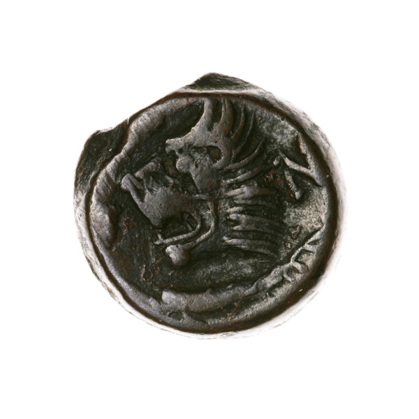 Bronze coin, Pantikapaion, obverse: head of a beardless satyr in an ivy wreath facing left;