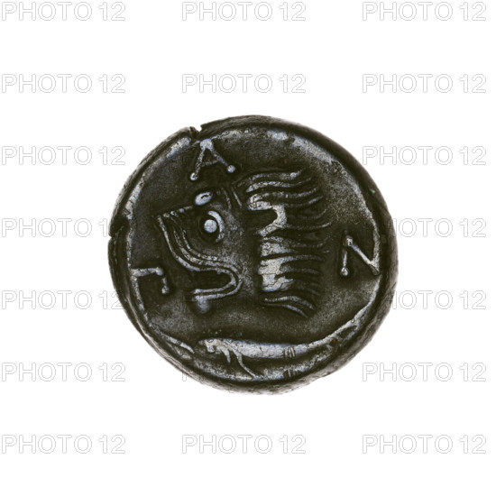 Bronze coin, Pantikapaion; obv.: head of a beardless satyr in an ivy wreath facing left; rev.: