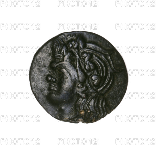 Bronze coin, Pantikapaion; obverse: head of a beardless Satyr in an ivy wreath facing left;