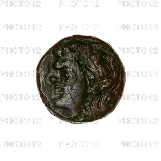 bronze coin, Pantikapaion; obverse: head of a beardless Satyr in an ivy wreath facing left;