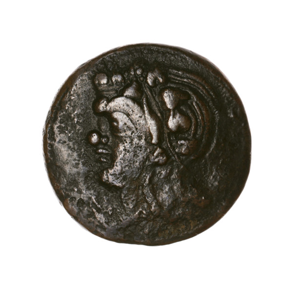 Bronze coin, Pantikapaion; obverse: head of a beardless satyr in an ivy wreath facing left;