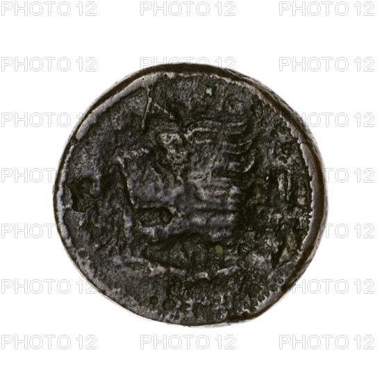 Bronze coin, Pantikapaion; obverse: head of a beardless Satyr in an ivy wreath facing left;