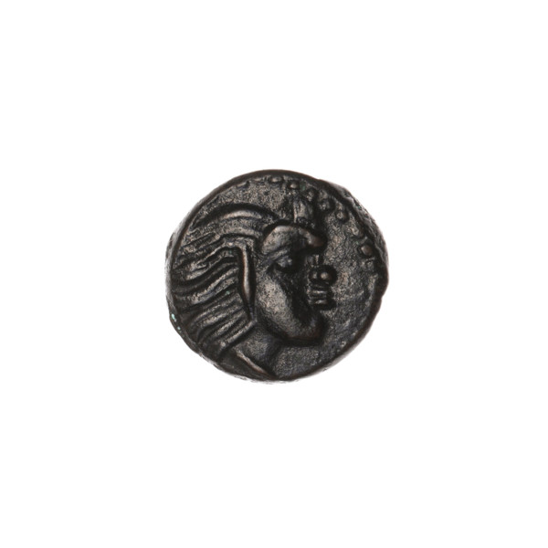 bronze coin, Pantikapaion, bow in quiver (iconographic), head of Satyr (iconographic), quivers