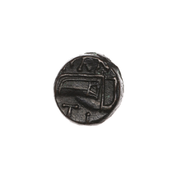 bronze coin, Pantikapaion; obverse: head of beardless Satyr to the right, pearl rim; reverse: bow