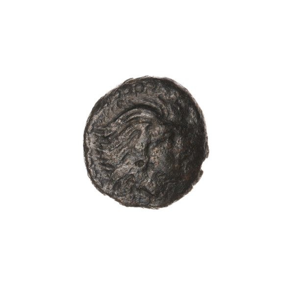bronze coin, Pantikapaion; aw: head of beardless Satyr to the right, pearl rim; rw: bow in quiver
