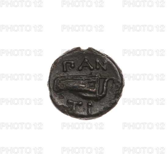 bronze coin, Pantikapaion, bow in quiver (iconographic), head of Satyr (iconographic), quivers