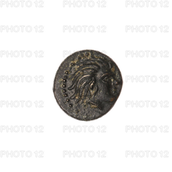 bronze coin, Pantikapaion; aw: head of beardless Satyr to the right, pearl rim; rw: bow in quiver