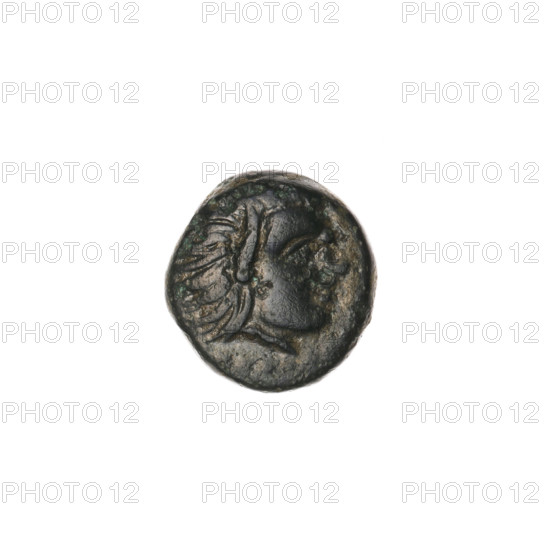 bronze coin, Pantikapaion, bow in quiver (iconographic), head of Satyr (iconographic), Satyr
