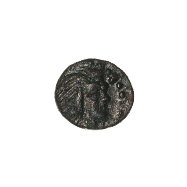 bronze coin, Pantikapaion; obverse: head of beardless Satyr to the right, pearl rim; reverse: bow