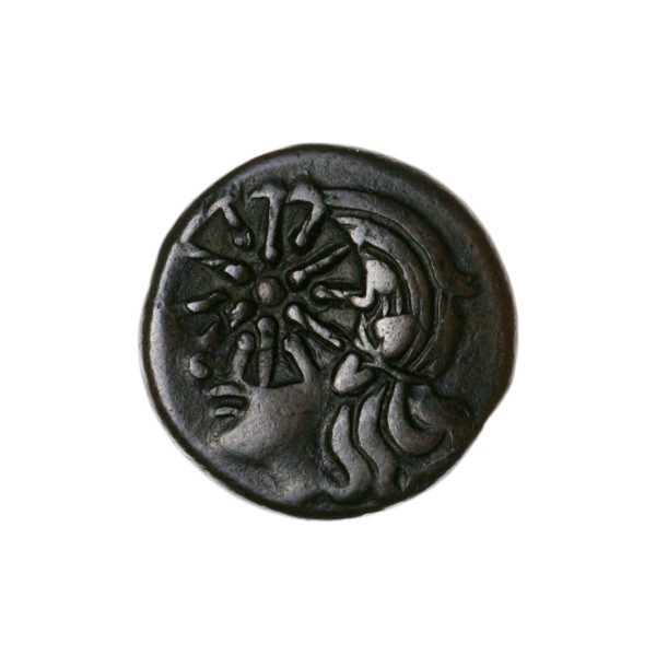 bronze coin, Pantikapaion; obverse: head of a beardless Satyr in an ivy wreath facing left with a