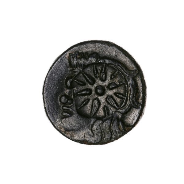 bronze coin, Pantikapaion; obverse: head of a beardless Satyr in an ivy wreath facing left, with a