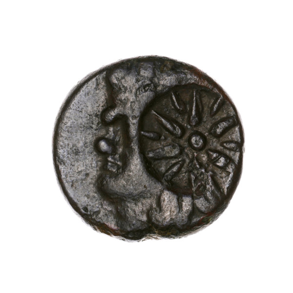 Bronze coin, Pantikapaion; obverse: head of a beardless satyr in an ivy wreath facing left, with a
